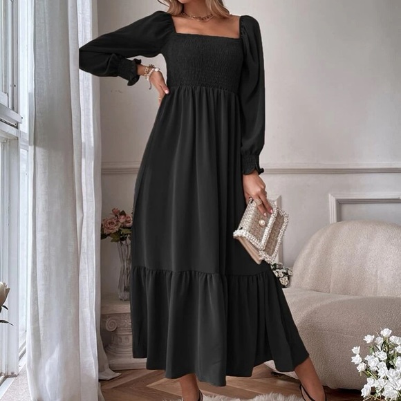 Boho Puff Sleeve Ruffle Maxi Dress Black - Picture 4 of 6